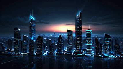 Fototapeta premium A Smart city technology at night, featuring illuminated skyscrapers and a beautifully lit background with a clear sky