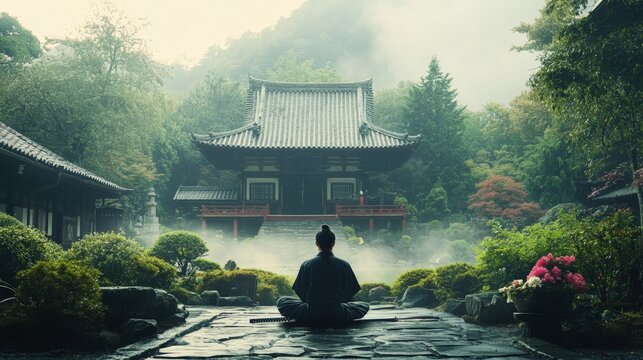 A serene scene of a samurai kneeling before a traditional Japanese temple, with his sword laid out in front of him, surrounded by lush gardens and a peaceful, misty atmosphere, symbolizing respect 