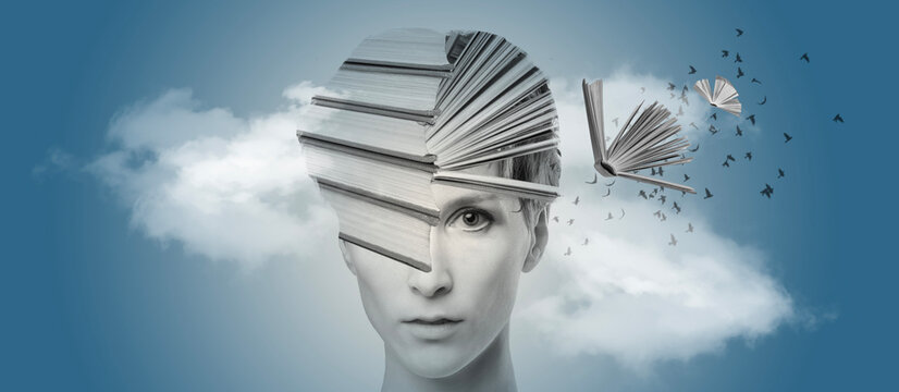 Head with books as a metaphor for education. Art collage or design. Creative idea symbol. Mental Health, thinking, psychology, education, intellectual development concept