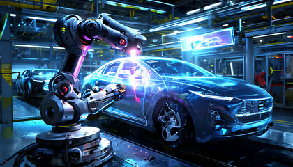 Obraz premium Robot and car cockpit with various engines and automotive parts, showcasing technology and transportation elements