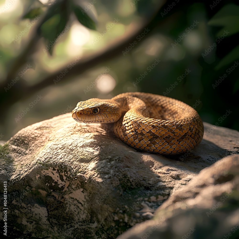 Poster a coiled snake basking on a sunlit rock symbolizing simplicity and contentment in the wild