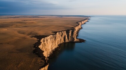 A stunning aerial view of rugged cliffs meeting a tranquil sea, showcasing the natural beauty and vast landscapes of the coastline.