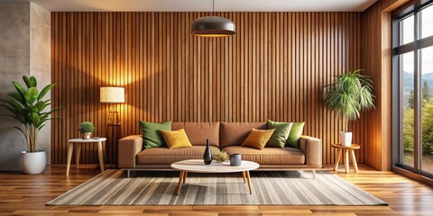 Fototapeta premium Modern Living Room Interior with Wooden Walls, Floor, and Cozy Brown Sofa - Stylish Home Decor Ideas for Elegant Interiors