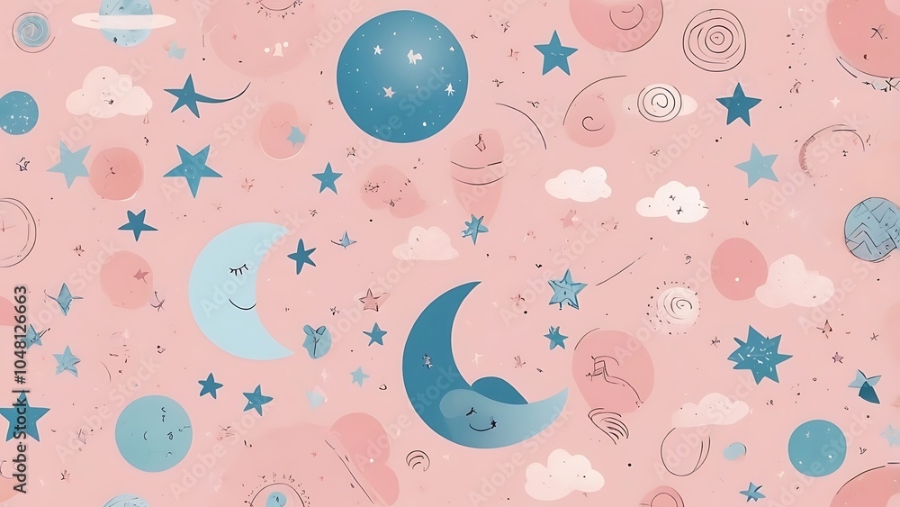 Poster whimsical pastel themed pattern illustration vector background featuring celestial elements with var