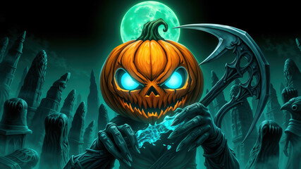 Frightening Pumpkin-Headed Figure in a Dark Forest