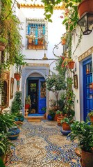 Charming Courtyard Filled with Lush Greenery and Colorful Pots