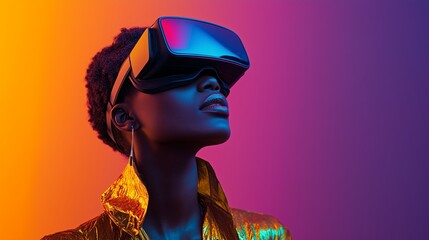 African woman wearing a VR headset, with a gradient background and neon colors in a high contrast and sharp focus style, in the style of high resolution photography
