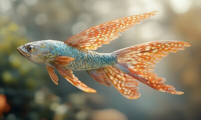 3D flying fish depicted mid-glide, with its extended wings beautifully textured