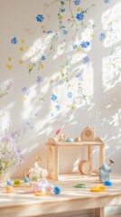 An empty scene featuring blank mockup template (a creative children&acirc;&euro;&trade;s playroom with forget-me-nots painted on walls and colorful toys),