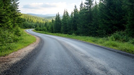 Obraz premium Serene winding road through lush green forests a tranquil journey in nature's embrace