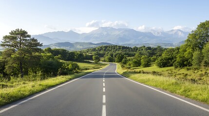 Breathtaking scenic road surrounded by lush greenery and majestic mountains under a clear blue sky