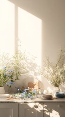 An empty scene featuring blank mockup template (a creative kitchen island decorated with forget-me-nots, fresh herbs, and bright dishware),
