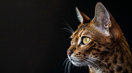 Close-up of a tabby cat with bright yellow eyes looking off to the side, set against a dark background.