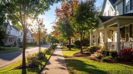 Obraz premium Neighborhood street lined with homes, front porches, and sidewalks for community interaction.