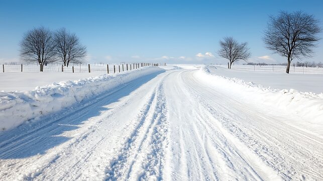 Serene winter landscape a picturesque snow-covered pathway under clear blue skies and leafless trees
