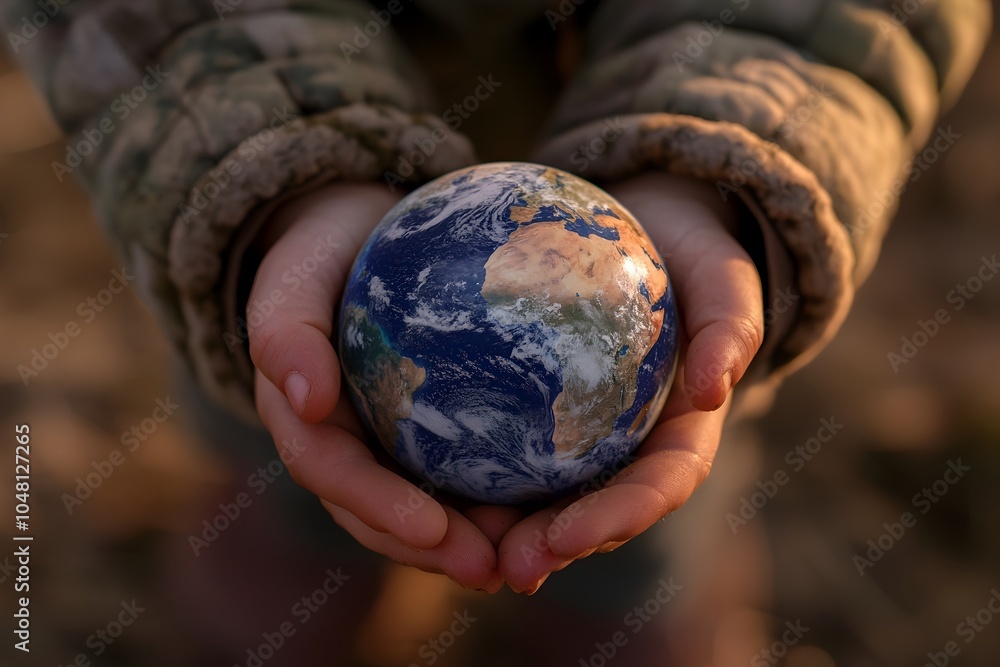 Poster child s hands gently cradling the fragile globe symbolizing the responsibility of future to care for