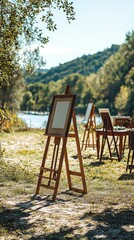 Fototapeta premium Charming Outdoor Art Class with Easels Set Up