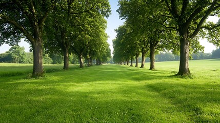 Fototapeta premium Serene pathway through lush green trees a tranquil landscape for nature lovers and outdoor enthusiasts