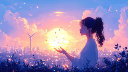 Young woman holding the sun in her hand, distant buildings and wind turbines