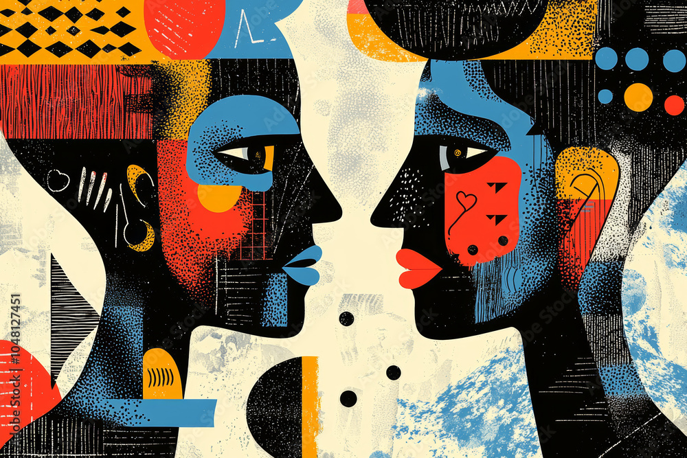 Poster dynamic abstract art featuring two silhouetted profiles facing each other with vibrant colors and ge