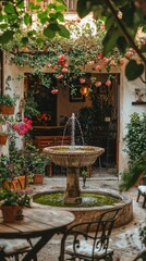 Charming Patio with Small Fountain Surrounded by Flowers