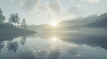 Fototapeta premium Dawn's Embrace: Tranquil Reflections on a Lake