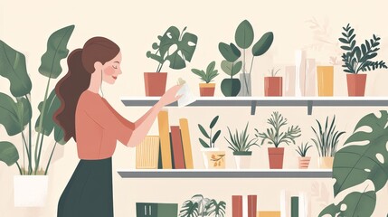 A young woman wiping down a shelf filled with plants and books in a minimalist, modern home, her focus on cleanliness, with a bright and organized interior in the background