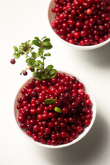 Two bowls with lingonberries and branch on a white background. Top view