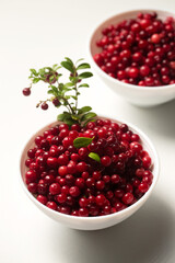 Two bowls with lingonberries and branch on white background. Top view