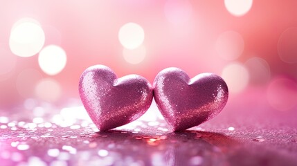 Fototapeta premium Valentines day festive background with two hearts In Shiny multicolor Background Valentine's Day glitter background