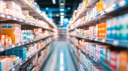Fototapeta premium Blurred pharmacy shelves filled with healthcare products and medicine, creating an abstract background, with a soft glow from the overhead lights, evoking a clean and orderly space