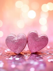Obraz premium Valentines day festive background with two hearts In Shiny Background Valentine's Day glitter background