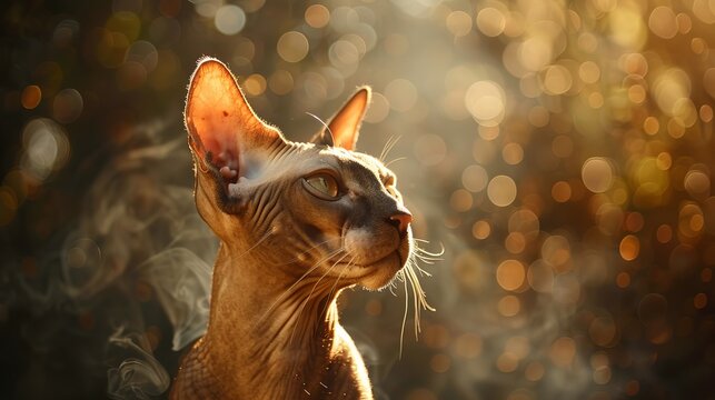 A hairless cat with large ears sits in the golden sunlight, looking up with a curious expression.