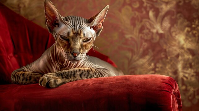 A hairless cat with large ears lounges on a red velvet cushion with a contemplative expression.