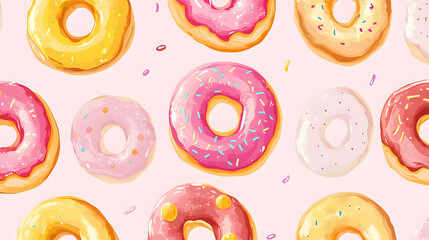 Fototapeta premium Cute seamless pattern of donuts in a playful design featuring colorful and fun illustrations, perfect for wallpaper or decoration