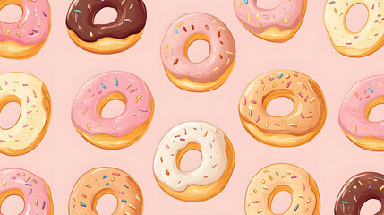 Cute seamless pattern of donuts in a playful design featuring colorful and fun illustrations, perfect for wallpaper or decoration