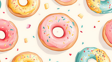 Fototapeta premium Cute seamless pattern of donuts in a playful design featuring colorful and fun illustrations, perfect for wallpaper or decoration
