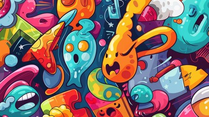 Obraz premium Cosmic Doodle: A vibrant and playful digital illustration bursts with color and character, featuring a whimsical cast of cartoon creatures, geometric shapes, and abstract elements.