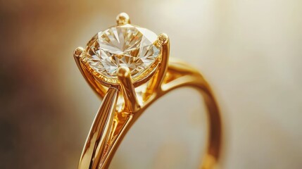 Elegant Gold Ring with Sparkling Diamond Focused Up Close