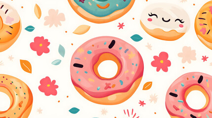 Cute seamless pattern of donuts in a playful design featuring colorful and fun illustrations, perfect for wallpaper or decoration
