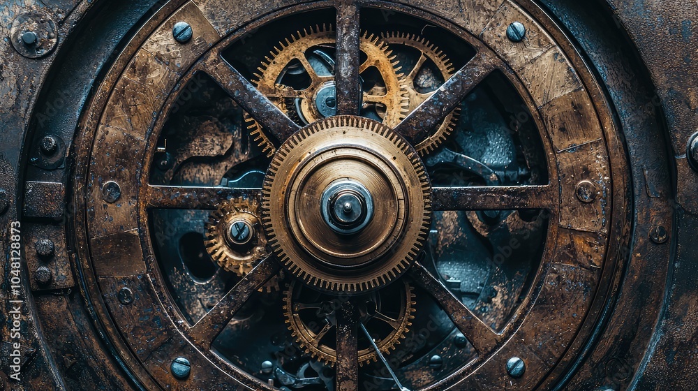 Poster steampunk clock with exposed gears in close-up view
