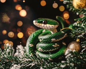 Fototapeta premium A green snake coiled around a Christmas tree branch. AI.