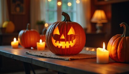 Step-by-step pumpkin carving process on a rustic wooden table illuminated by soft candlelight for a cozy Halloween atmosphere.