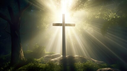 Silhouette Holy cross concept symbol on top mountain Resurrection background with sunlight