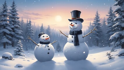 Fototapeta premium Digital illustration depicting a winter scene with two snowmen in the foreground, and snowy forest in background