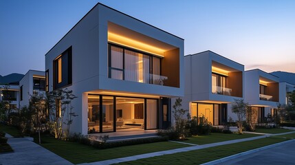 Modern and elegant two-story terrace house, with lights on the windows at night