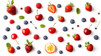 Flatlay Mixed assorted fresh berries colorful pattern over white background. blueberry, strawberry, raspberry, strawberry, blackberry