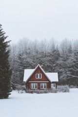 House enveloped in snow on a cold winter day.