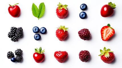 Flatlay Mixed assorted fresh berries colorful pattern over white background. blueberry, strawberry, raspberry, strawberry, blackberry