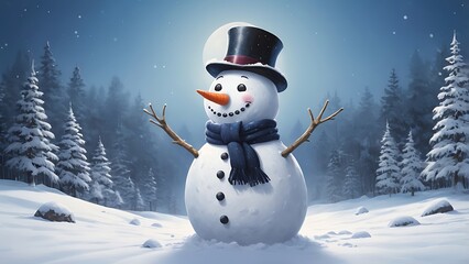 Obraz premium digital abstract illustration depicting a classic winter scene with a smiley snowman as the central subject